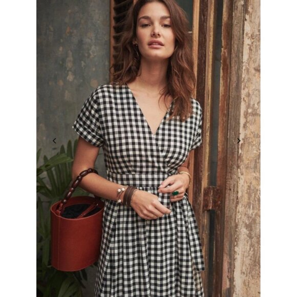 NWT Sezane MARIELLE midi DRESS Black White cotton gingham plaid 36SZ4 bust34 - Picture 2 of 8